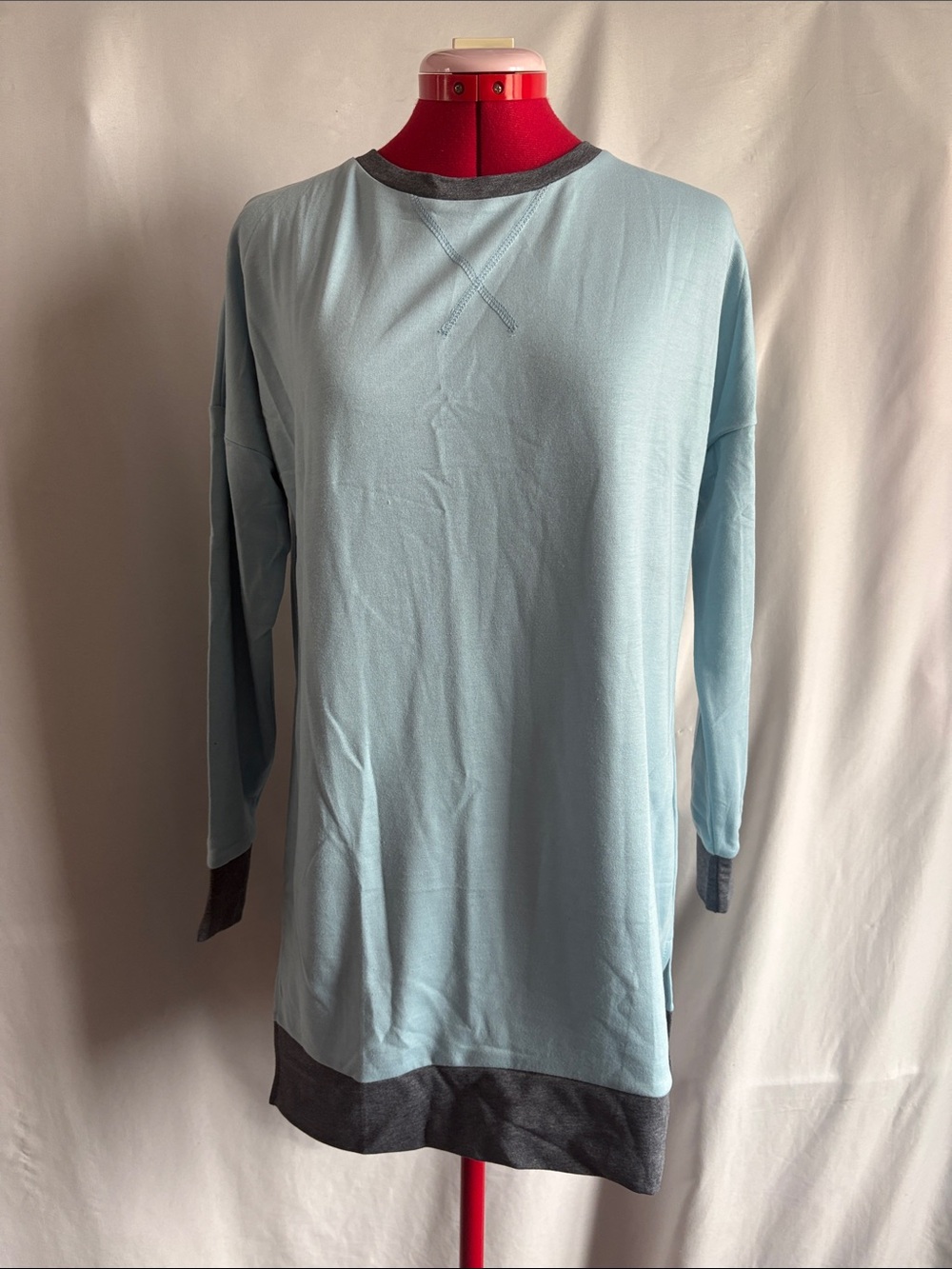 Women’s Long Sleeve Contrast Trim Tee - Light Blue